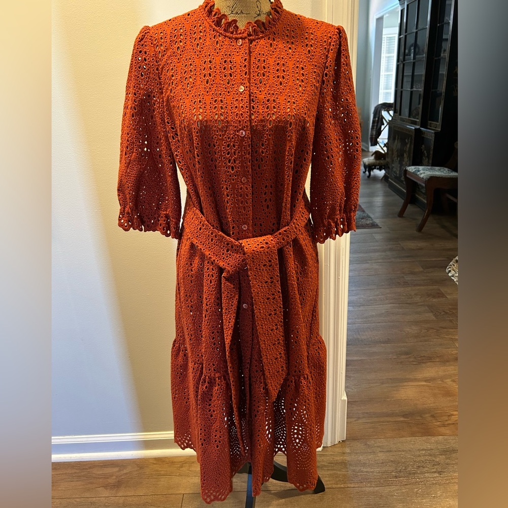 Chic Button-Down Eyelet Midi Dress in Rust